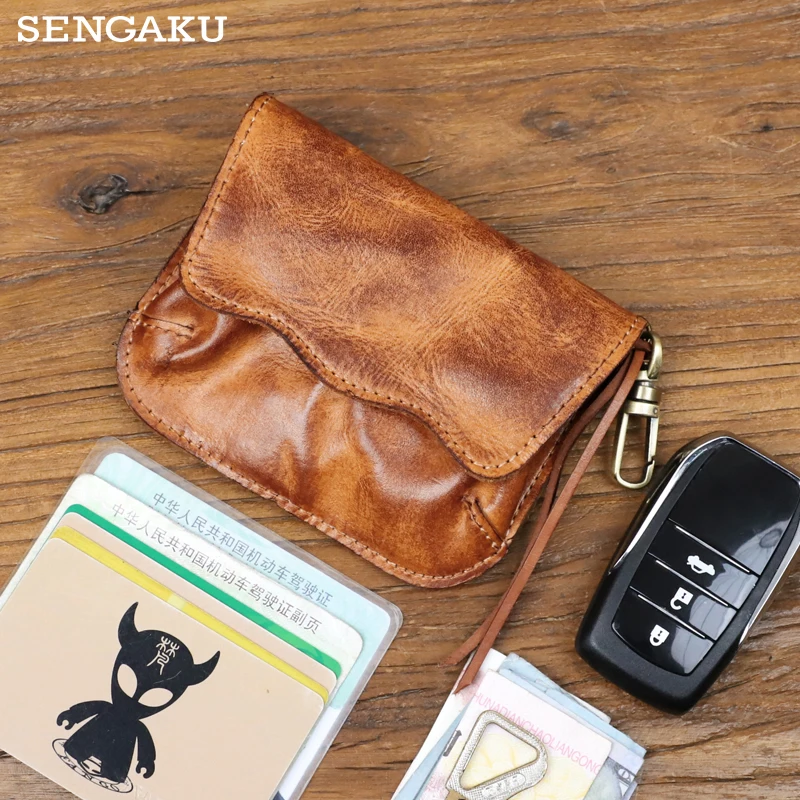 

Genuine Leather Mini Coin Purse Head Layer Cowhide Card Bag Handmade Zipper Wallet Car Key Case Short Lady Wallet Key Case