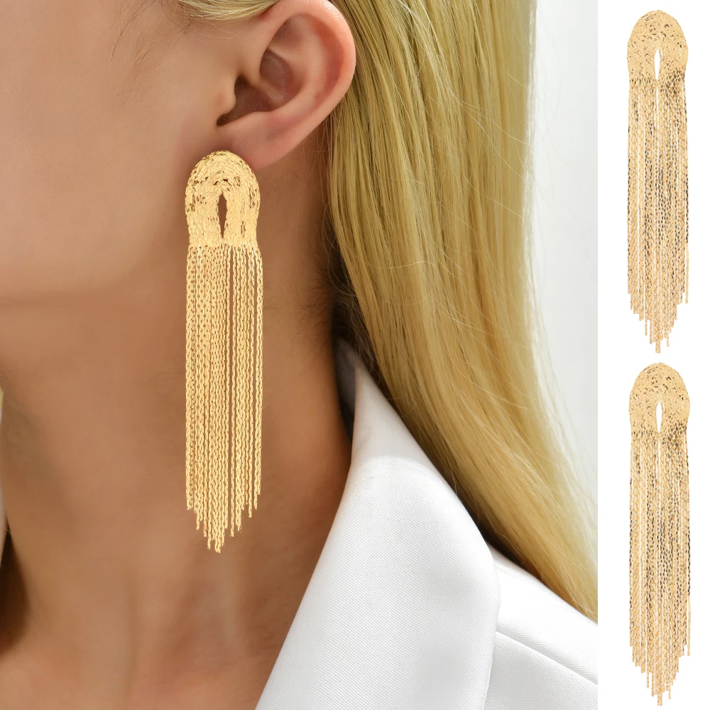 Gold Color Metal Tassel Decor Long Dangle Earrings For Women Trendy Luxury Charm Punk Party Pendant Jewelry Ear Accessories Gift