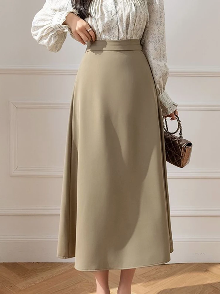 New Arrivals Khaki Women\'s Midi Skirt For Women 2024 Fall Elegant Fashion Office OL A-Line Skirts Female