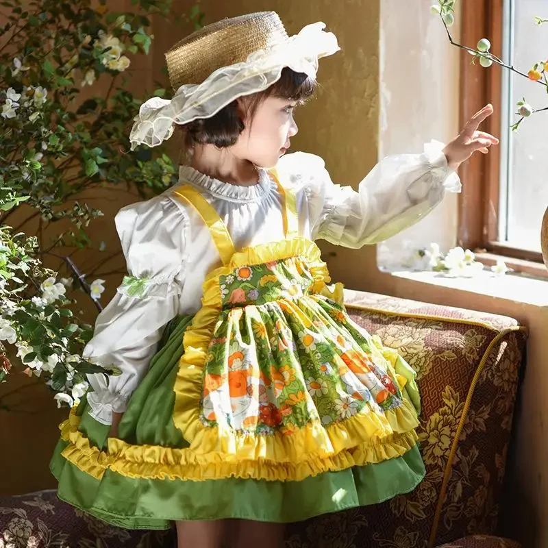 Ins Girls Lolita Spring Fashion Long Sleeve Flower Princess Dress Little Girl Birthday Dress EID Girls Sweet Party Dress