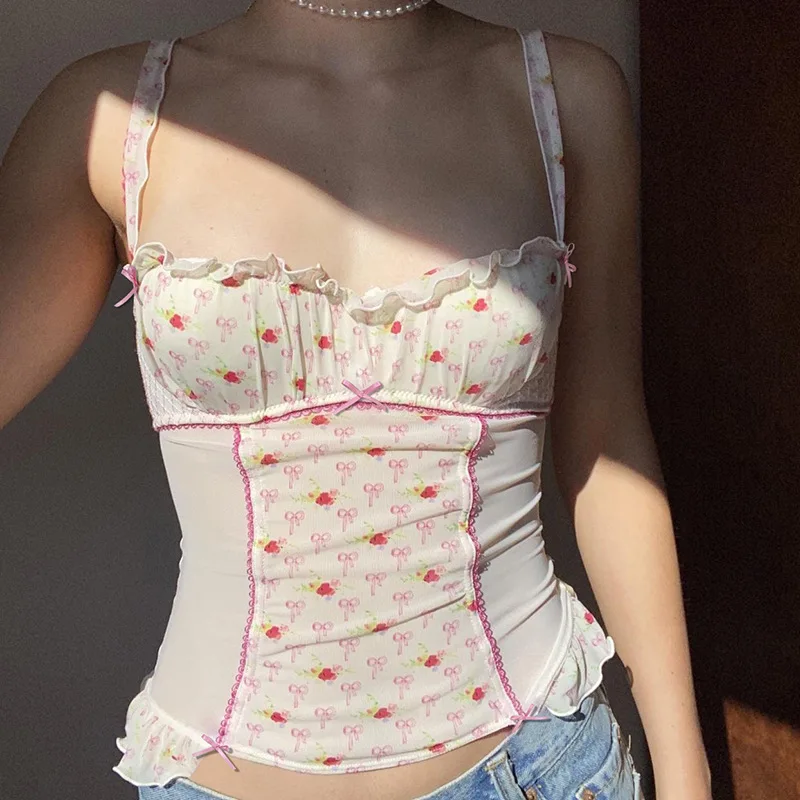 Fairycore Y2K Slim Fit Tank Tops Women Retro Bow Print Ruffles Camisole Summer Sleeveless Spaghetti Strap Crop Tops Clothes