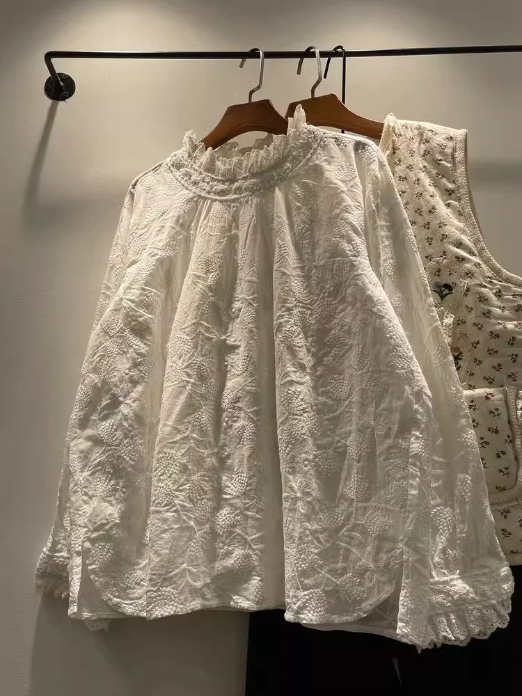 

2025 Mori girl style sweet stand collar cotton white lace embroidery long sleeve shirts and blouse for women lace pullover