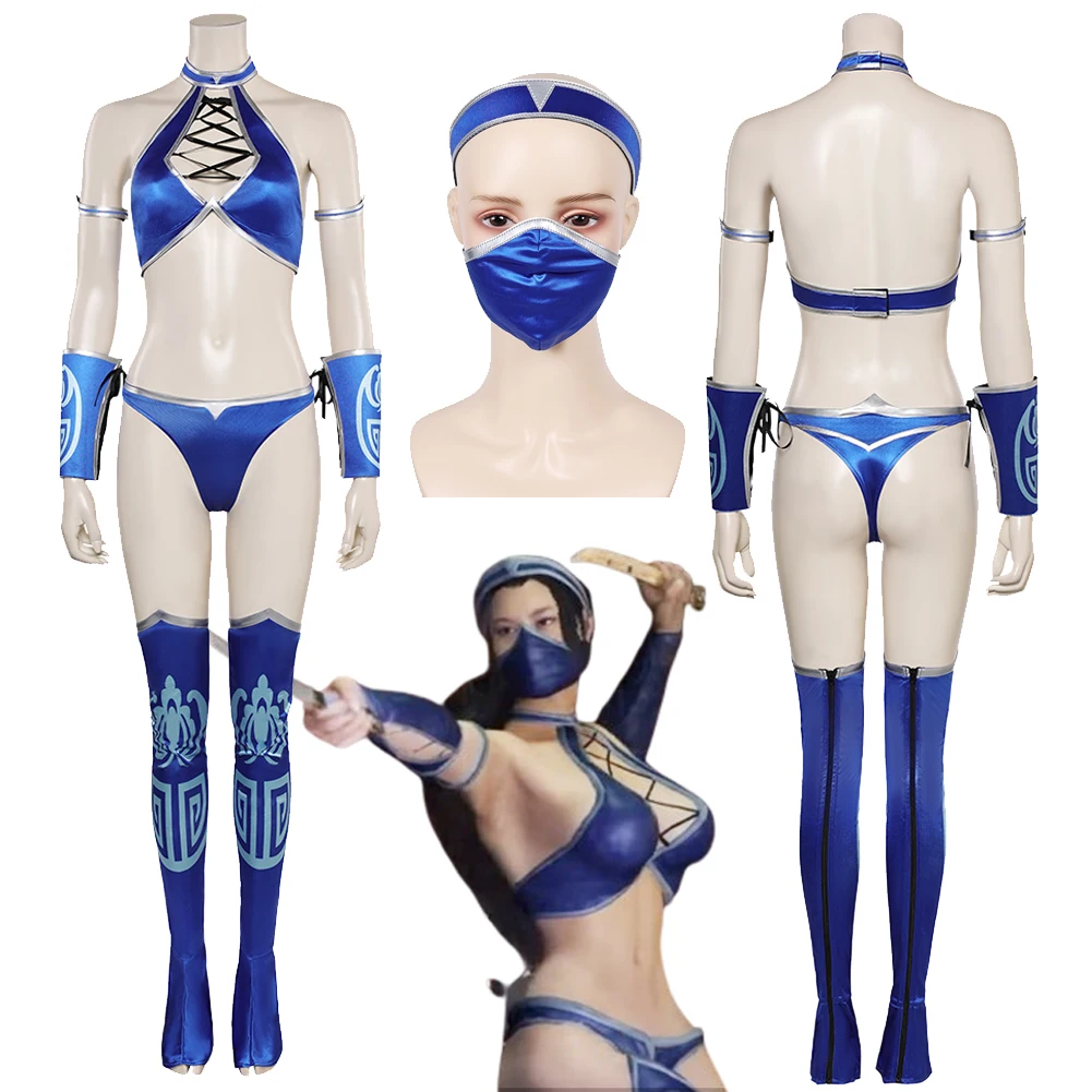 Kitana Cosplay Bikini Fantasy Outfits Game Mortal Kombat Disguise Costume Mask Headwear Women Roleplay Halloween Fantasia Suits