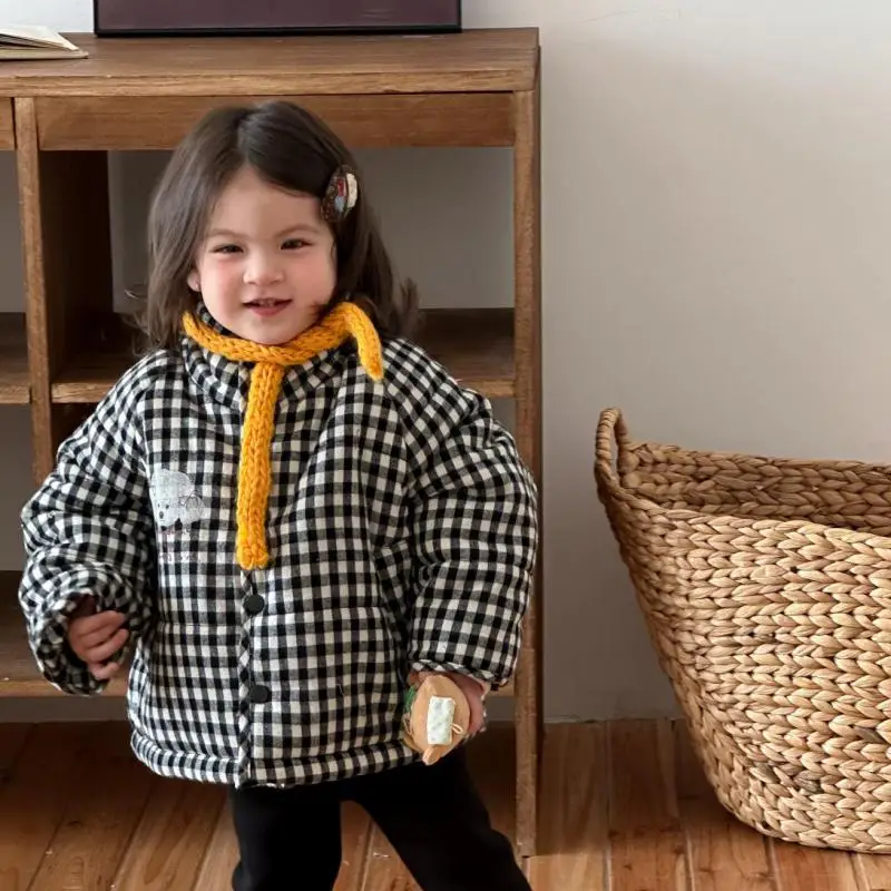 

2025 Winter New Baby Long Sleeve Warm Coat Plus Velvet Thick Infant Girls Fleece Plaid Coat Toddler Boys Cotton Padded Jacket