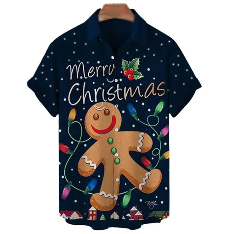 

Merry Christmas Graphic Shirts For Men Clothing Funny Gingerbread Man 3D Printed Lapel Blouse Xmas Santa Claus Gifts Y2k Tops