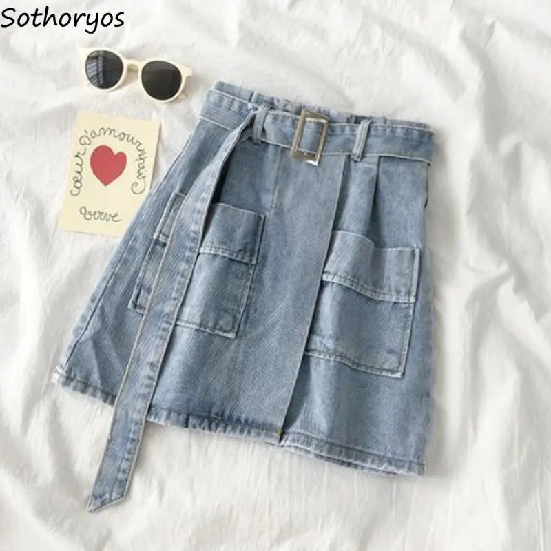 Summer Denim Mini Skirts Women New Korean Fashion Big Pockets Design Kawaii Preppy Style Girls Casual Graceful Daily All-match