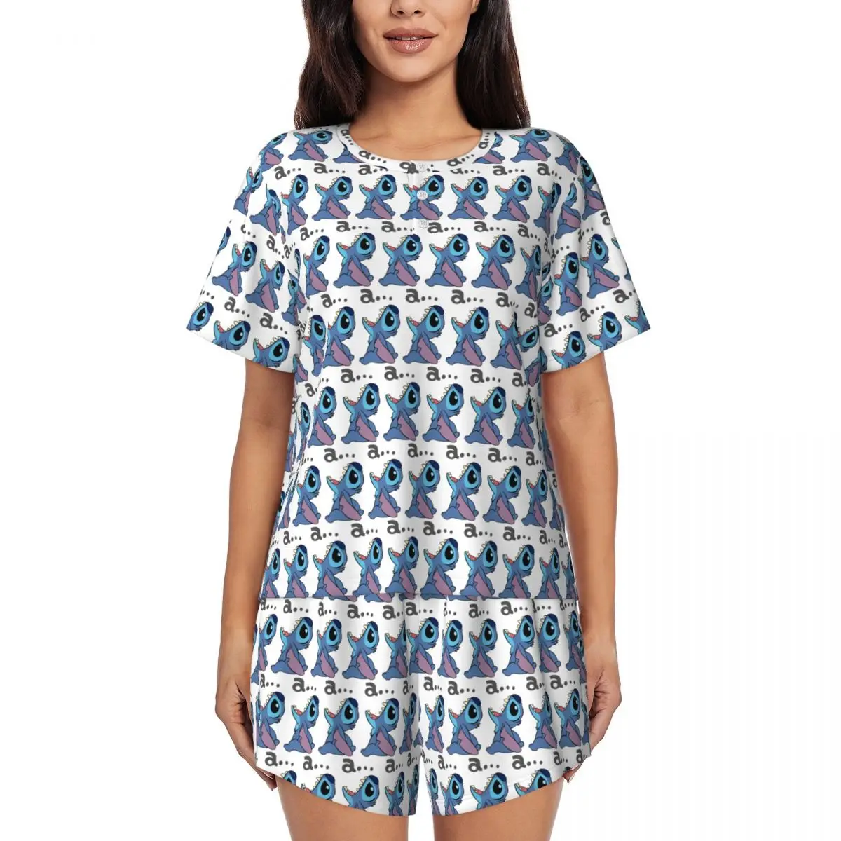 طقم بيجامات نسائي مطبوع عليه رسوم متحركة على شكل رسوم متحركة من Stitch TV طقم مكون من قطعتين ملابس نوم بأكمام قصيرة ملابس للاستلقاء