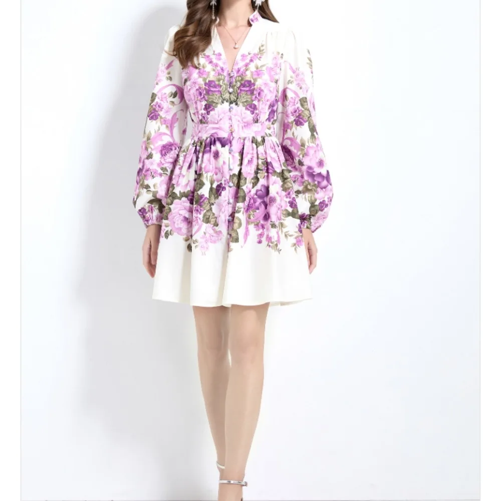 French Print V-neck Puff Sleeve Long Sleeve Single Breasted Dress A-line Casual Women Fashion Autumn Spring Vestidos Clothing