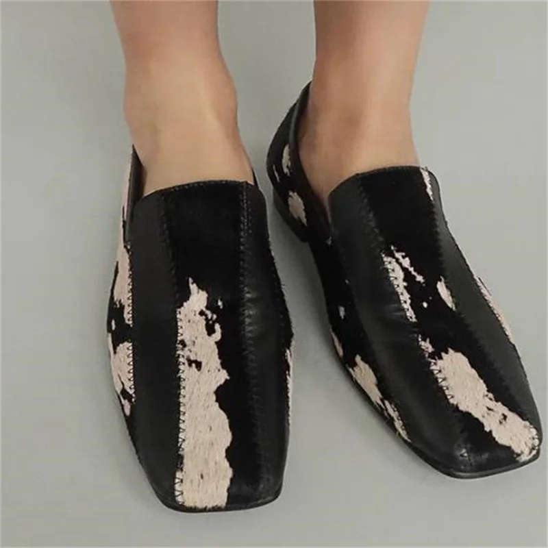 Horsehair Shoes for Lady Square Toes Female Loafers Low Heels Mixed Colors Zapatos Mujer Sewing Lines Womens Stitching Chassure