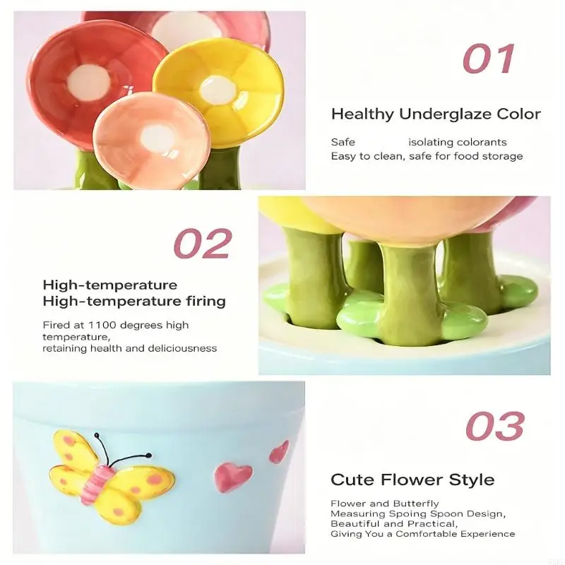 Heat Resistant Ceramic Measuring Spoon with Flower Pot Base Set Baking Supplies 55KF