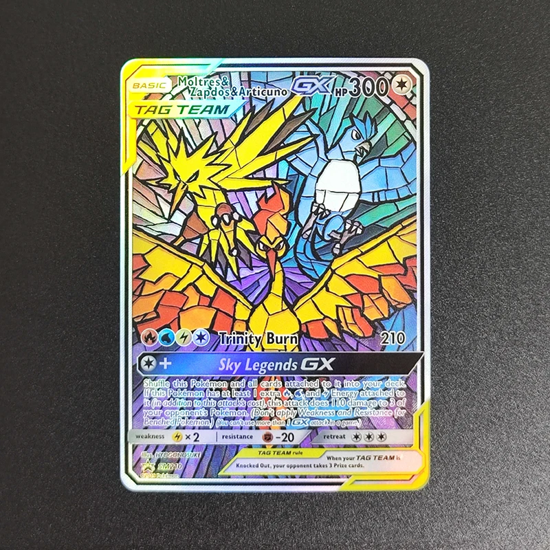 9 Uds DIY PTCG Inglés Moltres Zapdos Articuno Pikachu Zekrom GX sol y luna estrella negra promoción Hobby colección tarjeta Flash juguete