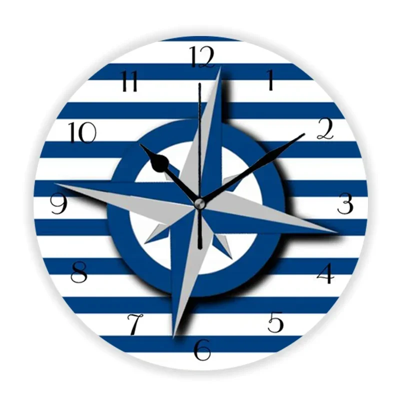 Nautical Navy Blue and White Stripes Compass Wall Clock Large Decorative Ocean Marine Wall Watch Bedroom Living Room Home Decor