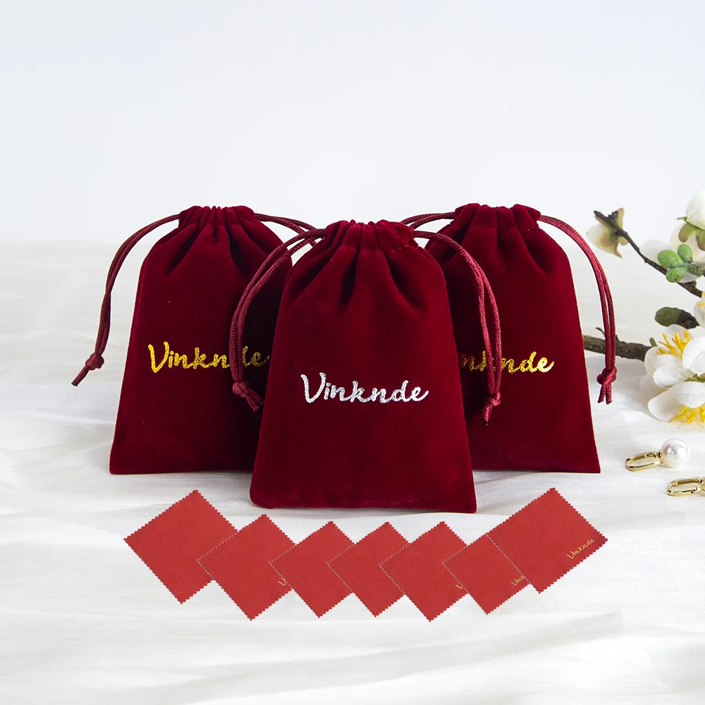 

Custom Logo Burgundy Shaggy Thick Velvet Jewelry Bags With Sliver Polishing Cloth Glasses Storage Cleaning Travel Portable Pouch