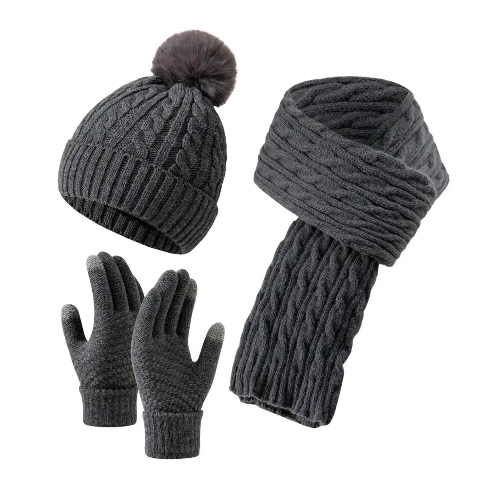 Outdoor Hiking Gear Warm Thermal Hat Winter Hat Scarf Gloves Set for Women Warm Pompom 62-inch Knit Scarf Cozy for Weather