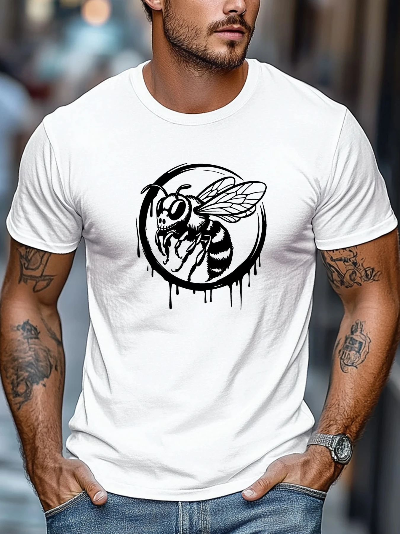Men Black Crew Neck Tee Street Style Drip Circular Honey Bee Cartoon Graphic Beekeeper Hobby Soft Cotton Male Daily Short Tops