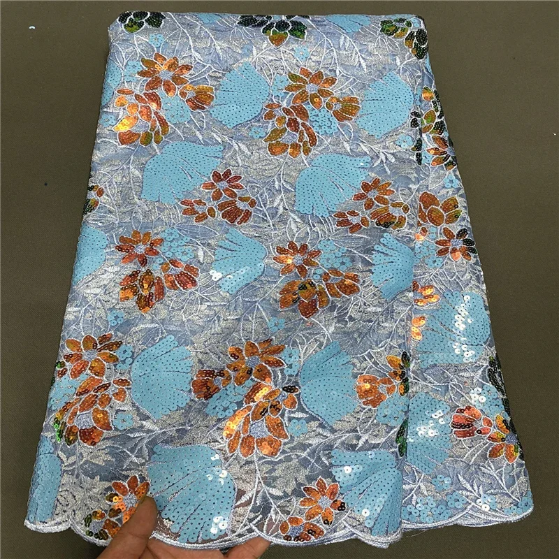 

5 Yard Hot Selling French Lace With Sequins African Tulle Cord Guipure Lace Net Embroidered Fabric For Wedding Party PS031801
