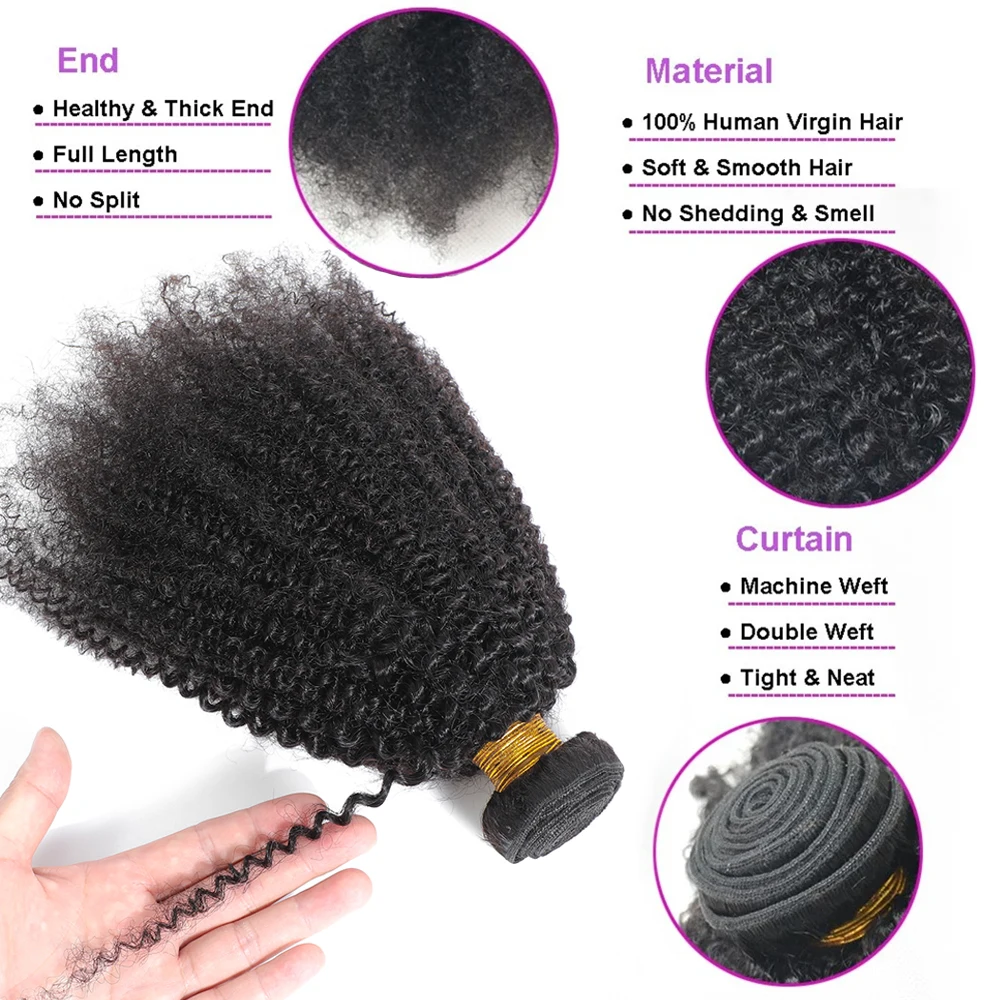 Afro Kinky Curly Human Hair Brazilian Virgin 100% Human Hair Extensions Natural Color Weave 1/3 Bundles Double Weft Extensions