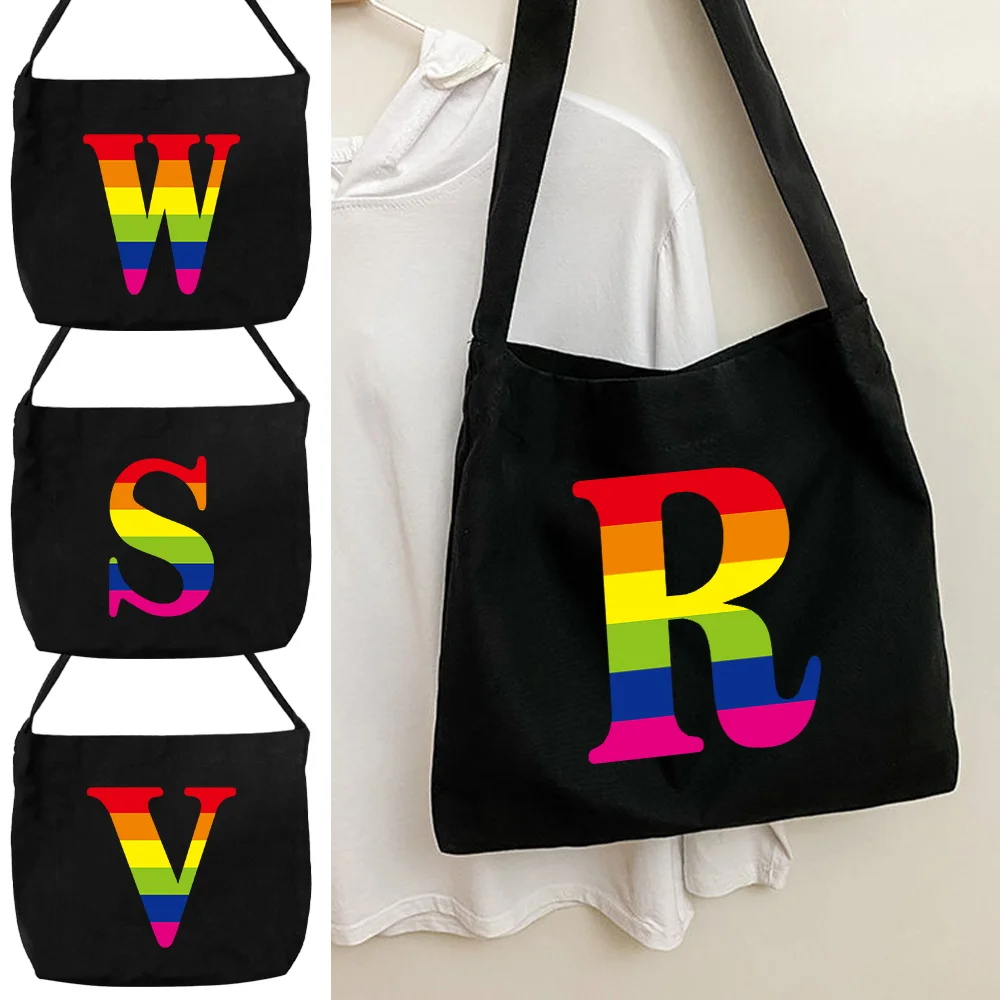 Women's New Canvas Shoulder Bags Environmental Protection Multi Functional Simple Shoulder Bag Rainbow Letter Pattern Series