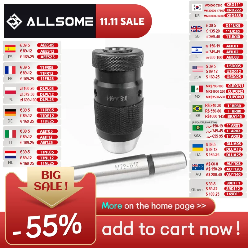 Allsome Torno Drill Chuck Mt2-b16 Arbor Auto-aperto Keyless B16 116 mm Ht2942