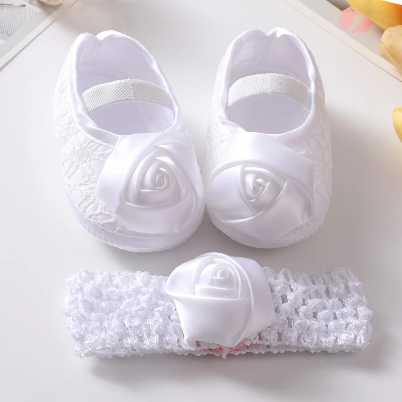 Baby Shoes Soft Sole Baby Girls Princess Shoes with Headband for Newborns Infants Toddlers Flower Sandals First Walker 0-12M