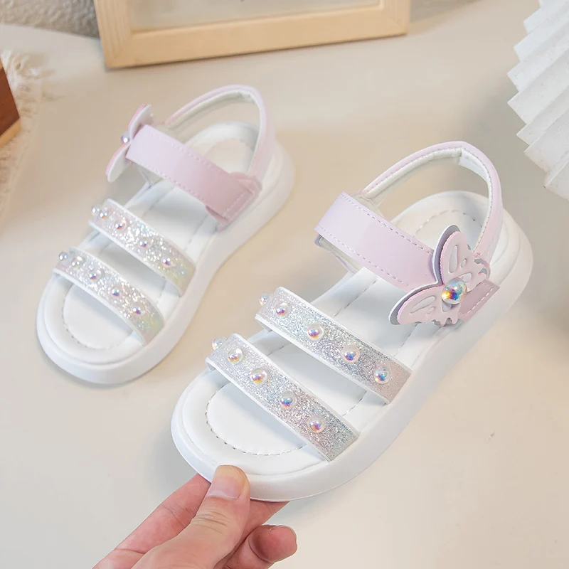 Little Girls Double Straps Sandals with Sparkly Sequins 2026 New Summer Chunky Beach Shoes Non-slip Trendy Comfort Outdoor Play