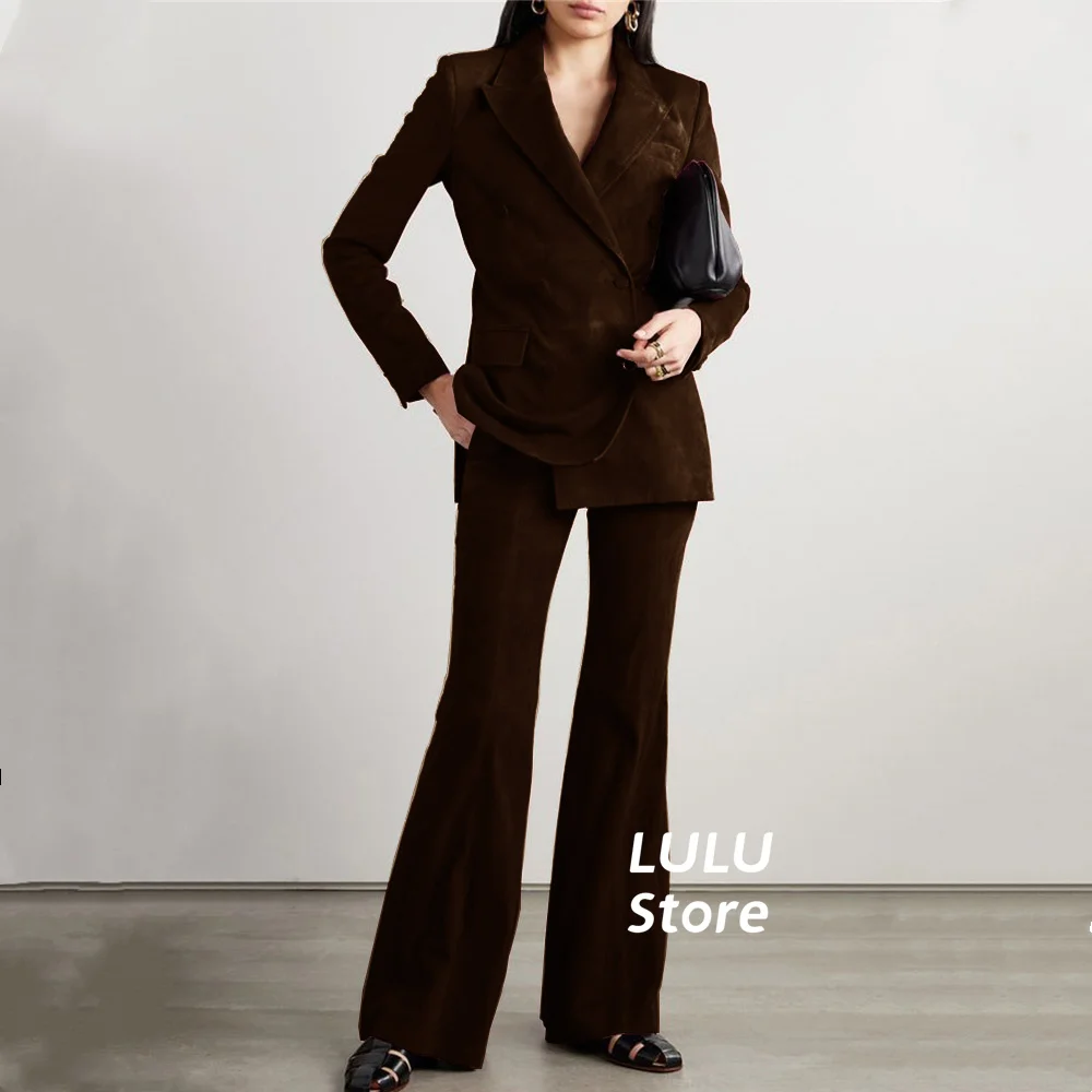 Women Suit Sets High Quality Suede Double-Breasted Warm Comfortable Party Dinner Jacket & Pants conjuntos para mujeres 2 piezas