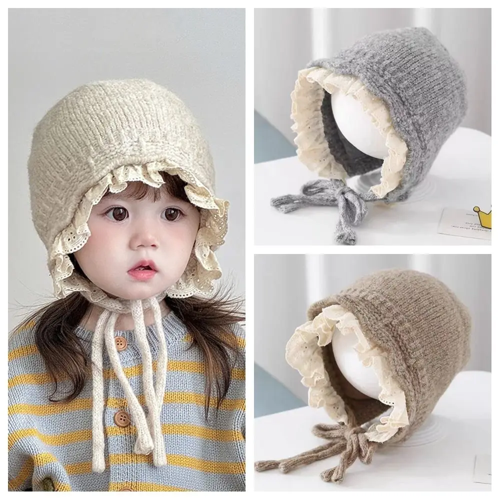 

Windproof Baby Soft Warm Hat Ear Protection Lace Up Design Warmer Beanie Cap Lace Edged Outdoor Thick Ear Protection Bonnet