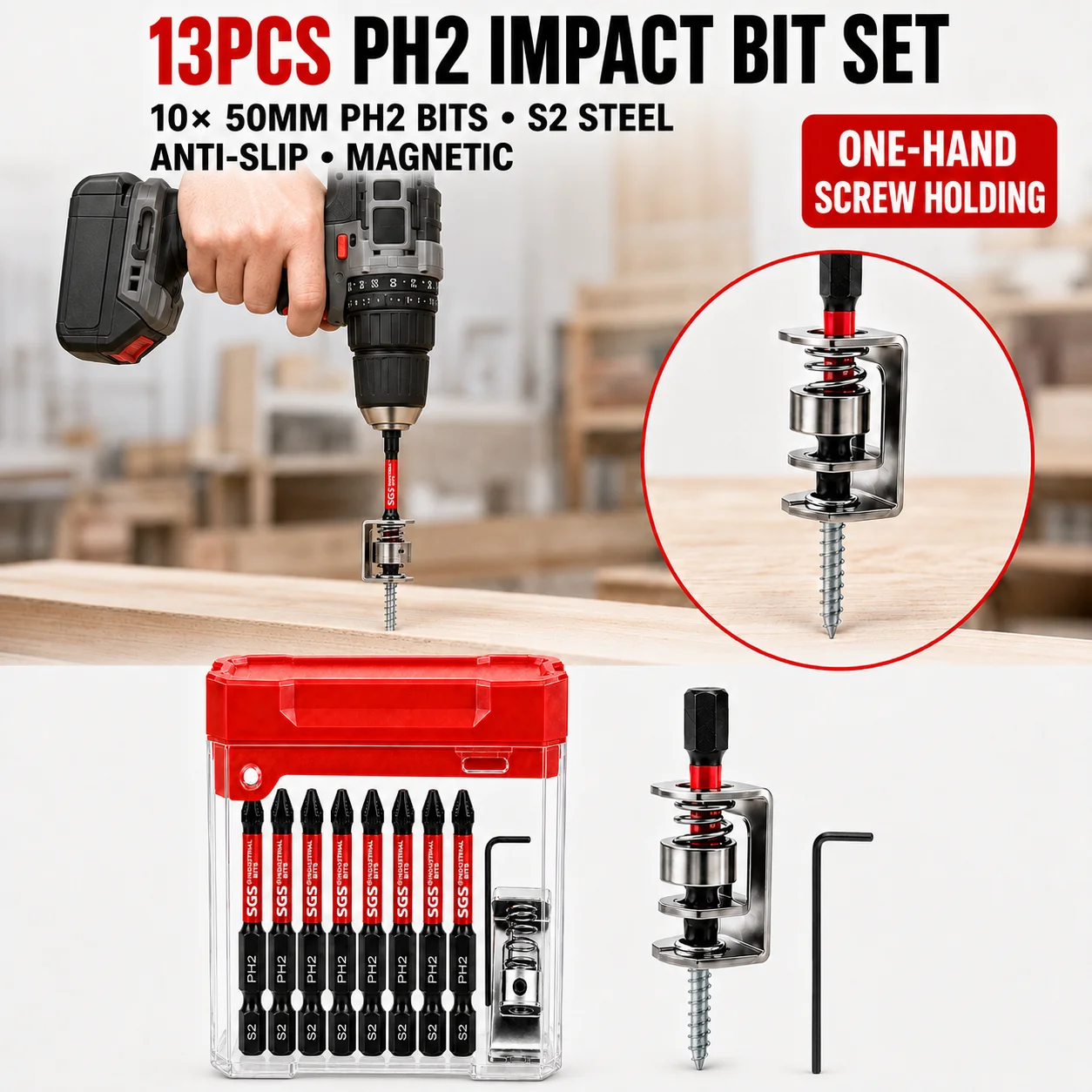 Non-Slip Cross Magnetic Screwdriver Bit Set, with Spring-Type Screw Holder Anti-Drop Clip, 1/ 4inch Hex Shank, S2 Steel, Non-Slip Ph2 50mm, Impact-Resistant Electric Screwdriver Bit