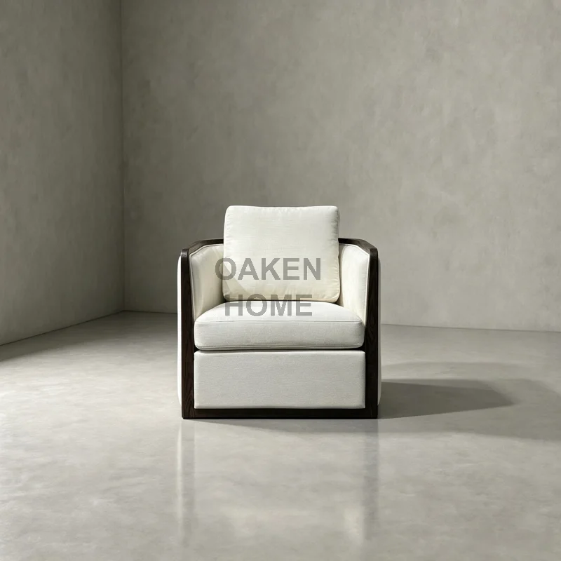 OAKEN Living Room Furniture Dark Wood Frame Linen Fabric Accent Chair Minimalist Square Arm Living Room Single Lounge Armchair