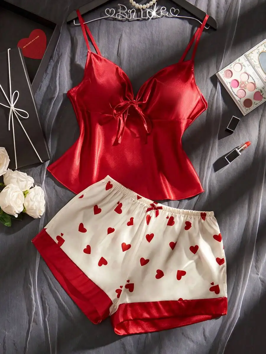 

Women Red Satin Front Tie Camisole Top And Heart Print Shorts Sleepwear Set