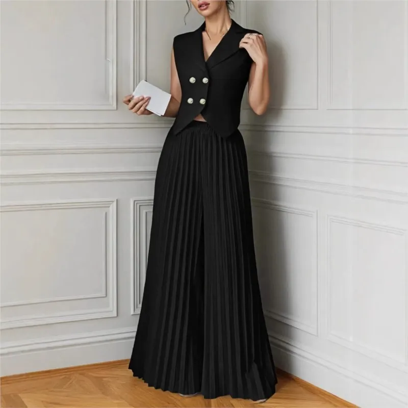 

Fashion lapel collar double breasted sleeveless vest top+pleated skirt pants spring summer women's elegant temperament pants set