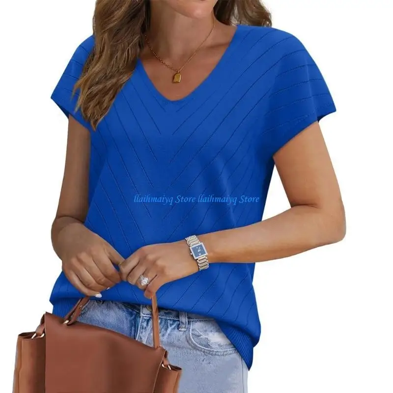573B Suéter manga corta para mujer, cuello en V, Top Color sólido, ropa para vacaciones en playa, Camisa punto