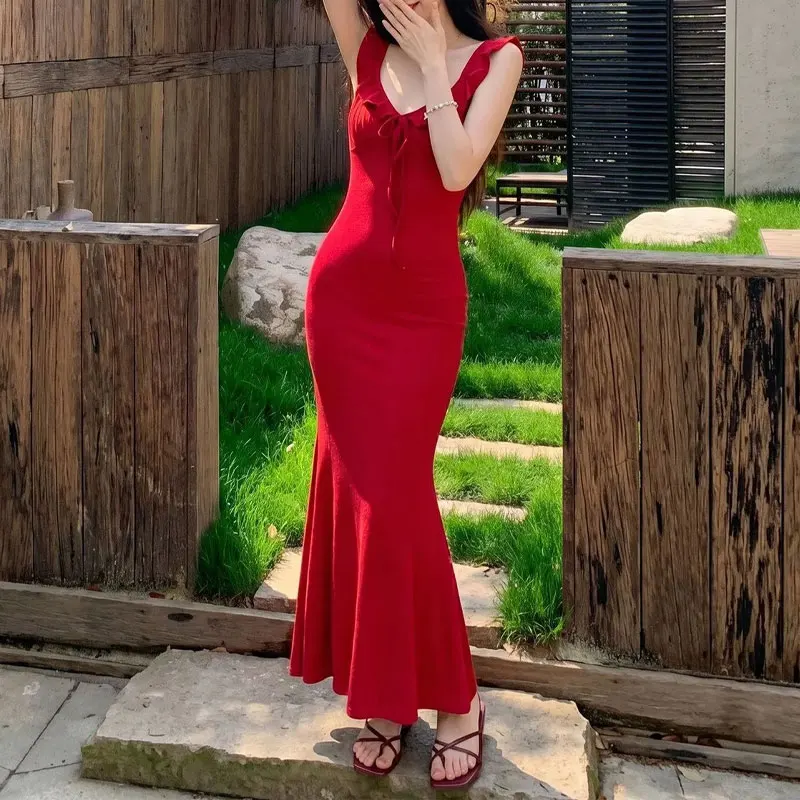 

French Style Red V-Neck Mermaid Slip Long Dress Women's Clothing Ruffles Spliced Summer Stylish Drawstring Slim Bag Hip Dresses