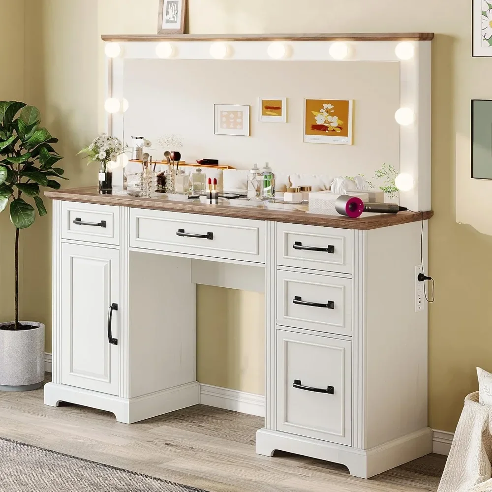

55'' Farmhouse Vanity Desk with Mirror and Lights, Large Makeup Table with Charging Station, Glass Tabletop & 5 Drawers