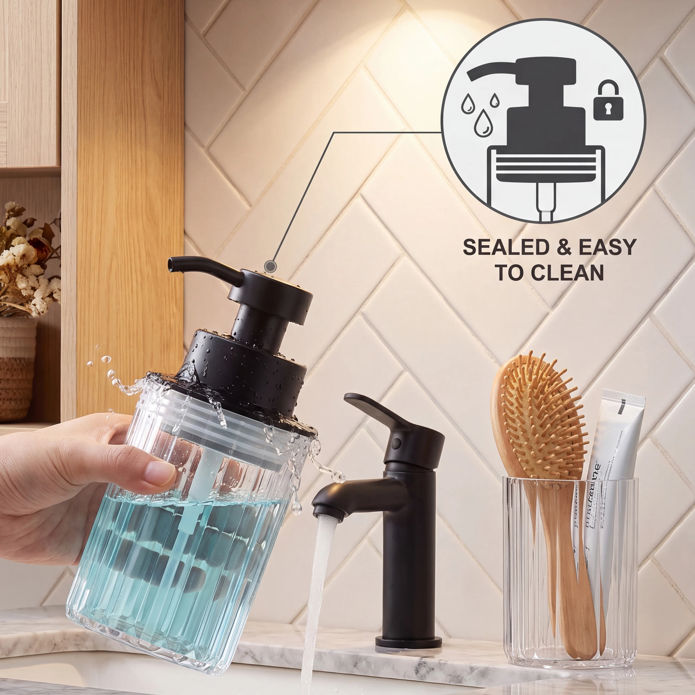 Bathroom Shower Spa Accessories Set, 5-Piece Counter Kit with Soap Dispenser, Jar Container and Holder for Housewarming Gift