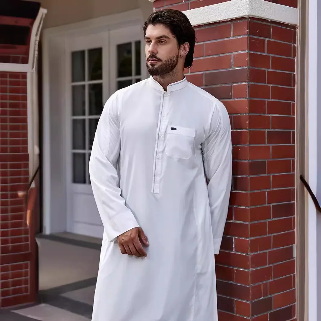 Saudi Arabia Pakistan Caftan Muslim Fashion Kaftan Thobe Dubai Turkey Islamic Clothing Men Solid Long Sleeve Loose Muslim Male