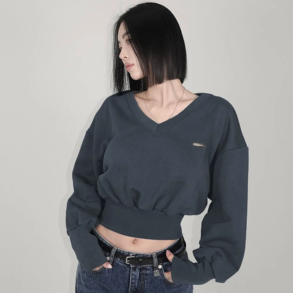 Women's Korean Style Elastic Waist Loose Short V-neck Sweatshirt Spring Autumn Simple Solid Color Pullover Female Casual Tops