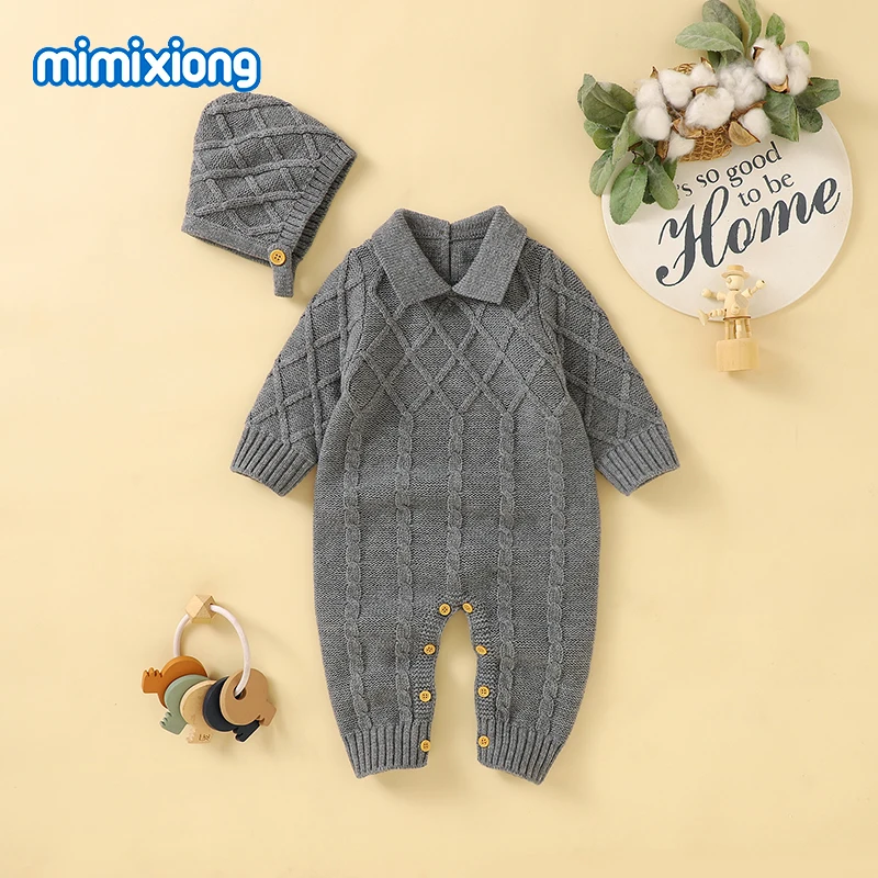 

Baby Rompers Hats Sets Autumn Turtle Neck Long Sleeve Newborn Infant Boy Jumpsuits Caps Clothes Winter Toddler Kids Outfits 2pcs