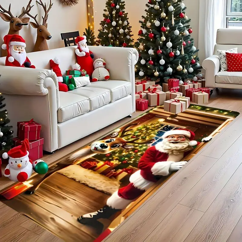 VIKAMA Funny Christmas Runner Rug Santa Reindeer 3D Window Illustration Long Carpet Hallway Corridor 2027 Christmas Home Decor