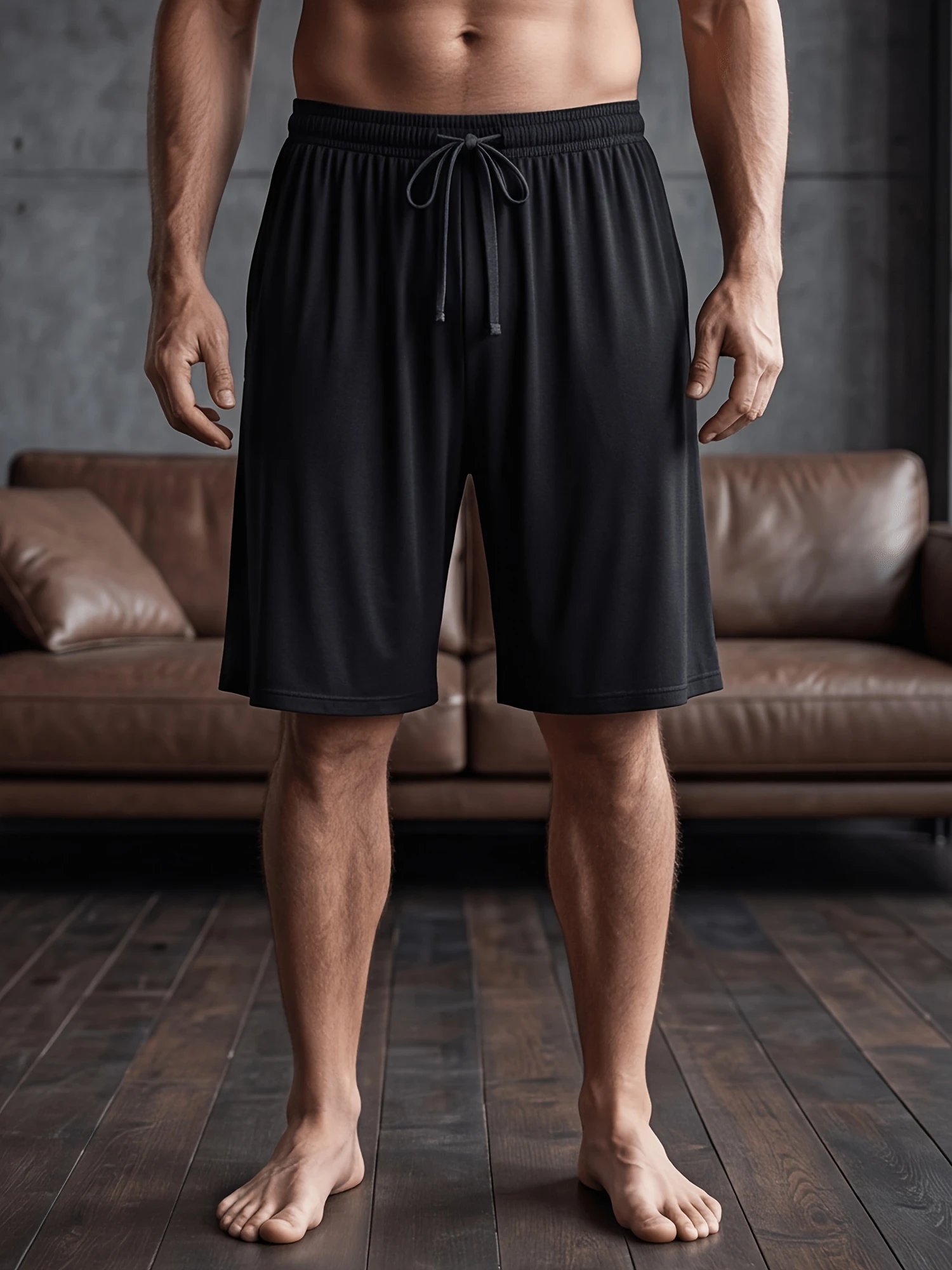 Herren-Shorts in einfarbiger Ausführung, locker geschnitten, knielang, aus weichem, atmungsaktivem Material, geeignet für Freizeitkleidung, zum Entspannen oder als Schlafanzug, das ganze Jahr über tragbar. – Detail 4