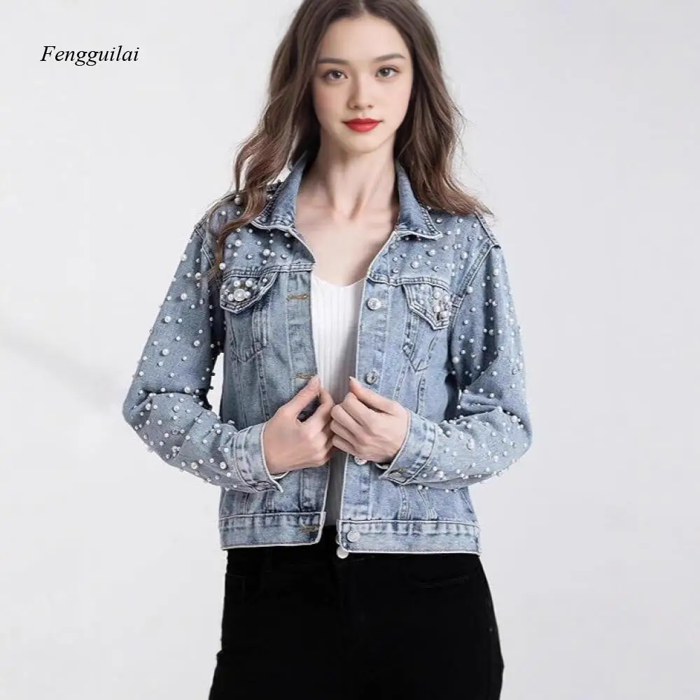 New Diamond-Studded Rivet Long-Sleeved Loose-Fitting Slimming Fashionable Denim Jacket for Women