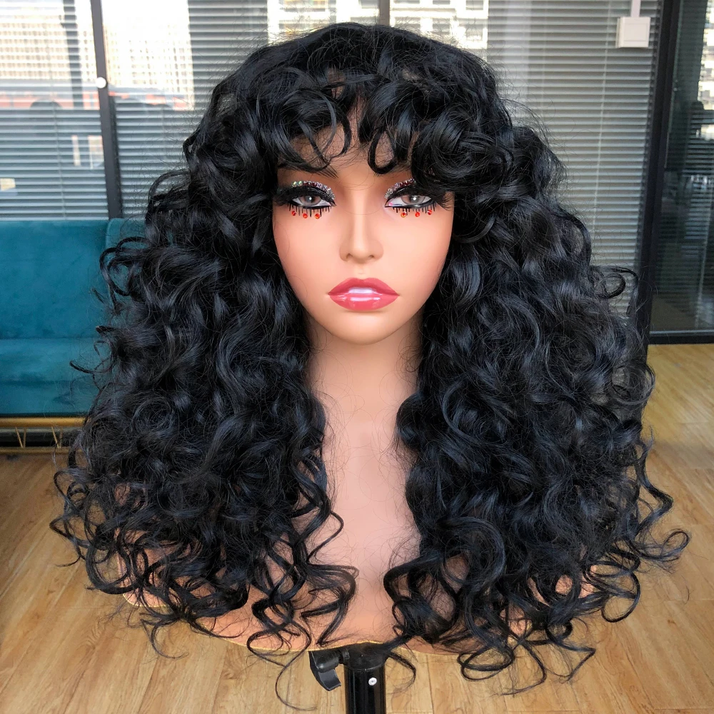 

Curly Wig With Bangs Black Long Curly Afro Wigs for Women Big Loose Cute Curly Synthetic Wig for Daily Use Hallowmas Cosplay