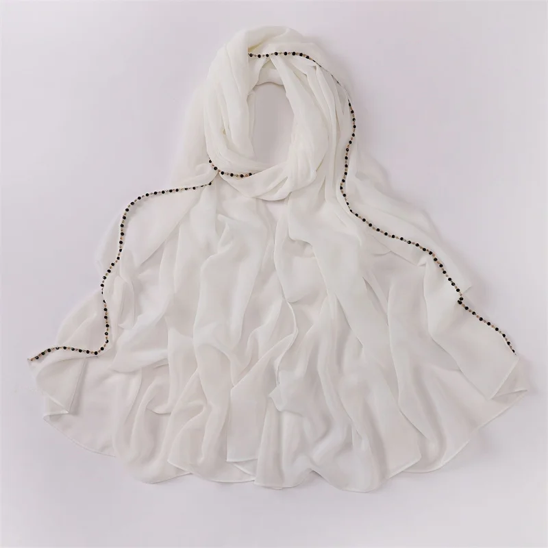 2024 Luxury Necklace Pearl Chain Bubble Chiffon Hijab Shawls Lady High Quality Wrap Beach Bufandas Ramadan Muslim Sjaal 175*70Cm
