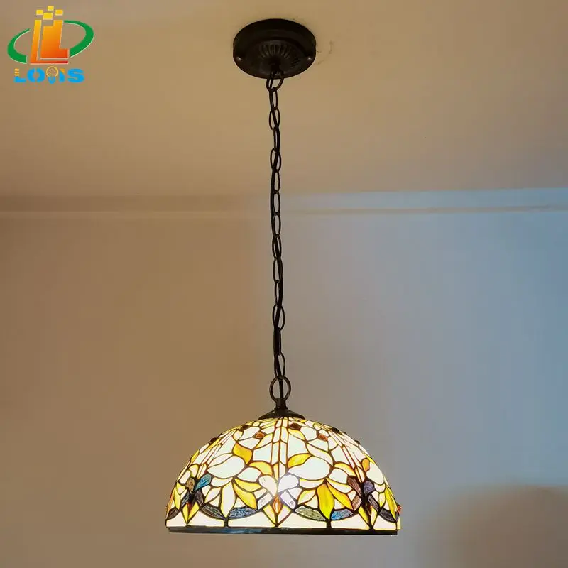 European Style Leaf Single Head Chandelier Tiffany Style Western Restaurant Kitchen Garden Glass Lighting E27 Antique Nostalgia