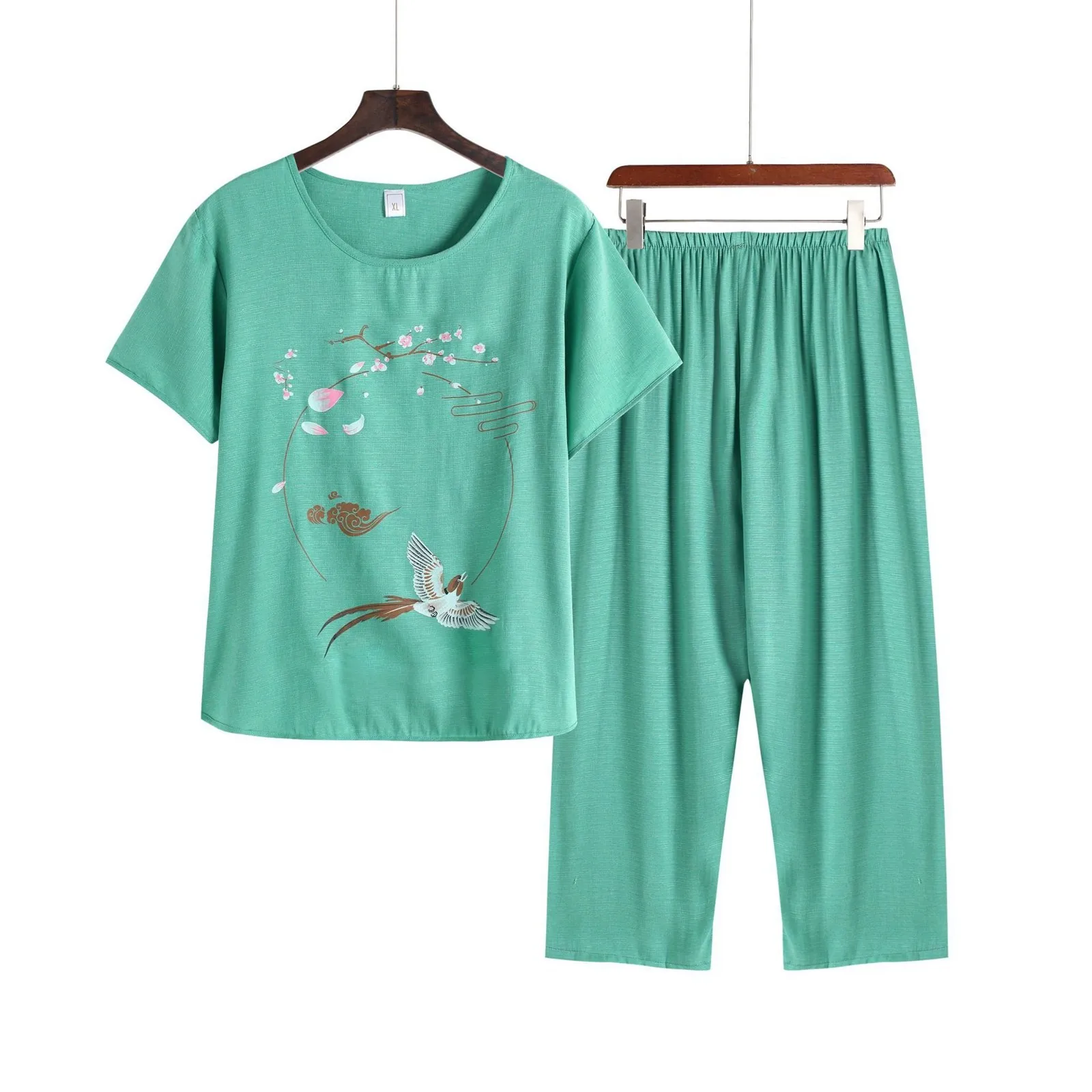 Conjunto de pijama fino para mulheres, gola redonda, manga curta, calças cortadas, macacão e macacão para maternidade, que pode ser usado lá fora, verão