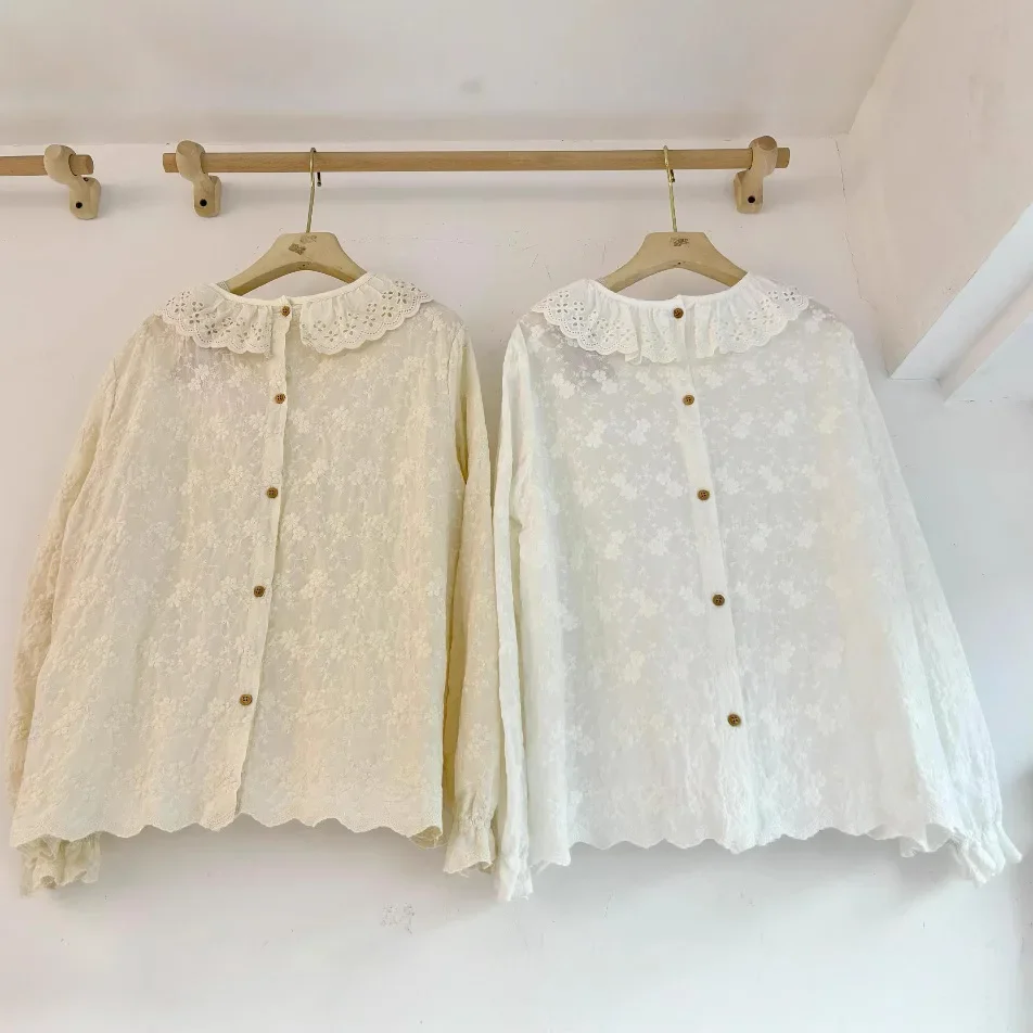 Spring New Japanese Mori Girl Lace Embroidery Cotton Shirts Women Ruffled Collar Long Sleeve Solid Color Casual Loose Cute Tops