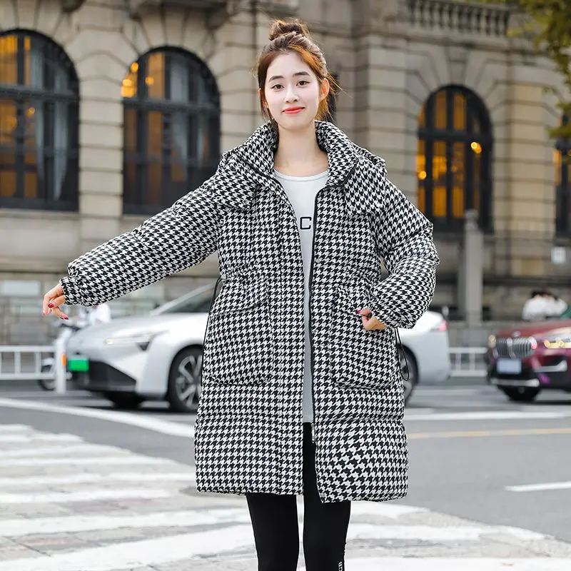 Winter Women Fashion Houndstooth Cotton-Padded Coat Female Mid-Length Loose Thick Outwear Big Pockets Casual Hooded Warm Parkas