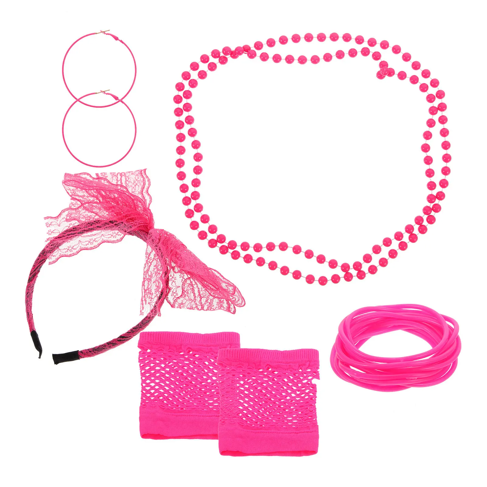 

Комплект аксессуаров для костюма в стиле 80-х: ожерелье, браслет, сетчатые перчатки. Для женских нарядов в стиле 80-х.