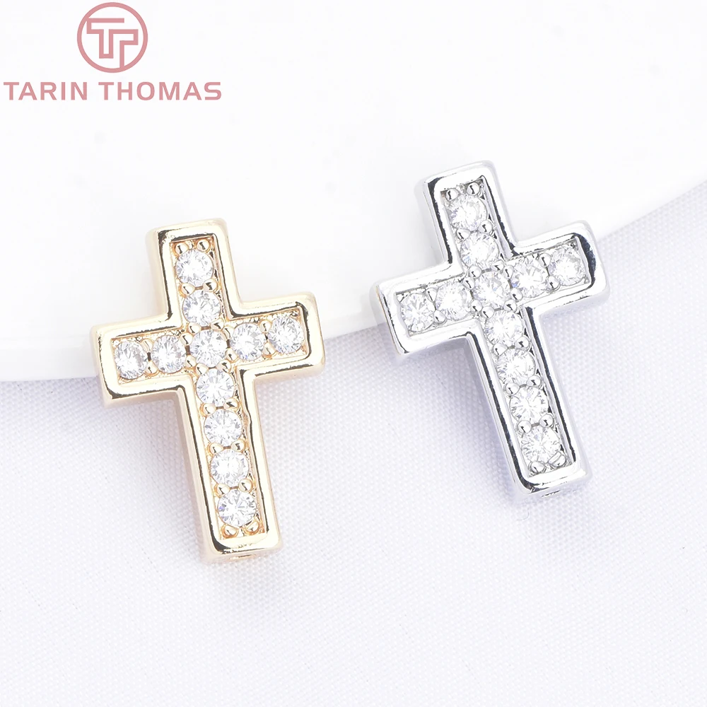 (10437)4PCS 12x18MM 24K Gold Color Brass with Zircon Cross Shaped Perforated Bead High Quality Diy Jewelry Accessories Wholesale