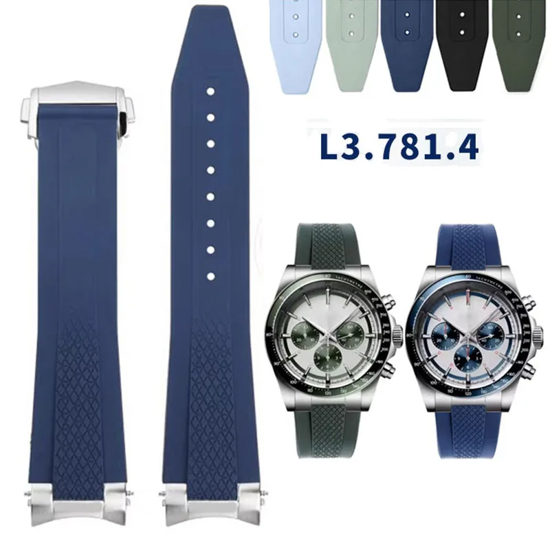 

21mm Solid Curved Steel End Link Strap for Longines Comcas 41 Fluorine Rubber Bracelet L3.781.4 782 742 642 FKM Rubber Watchband